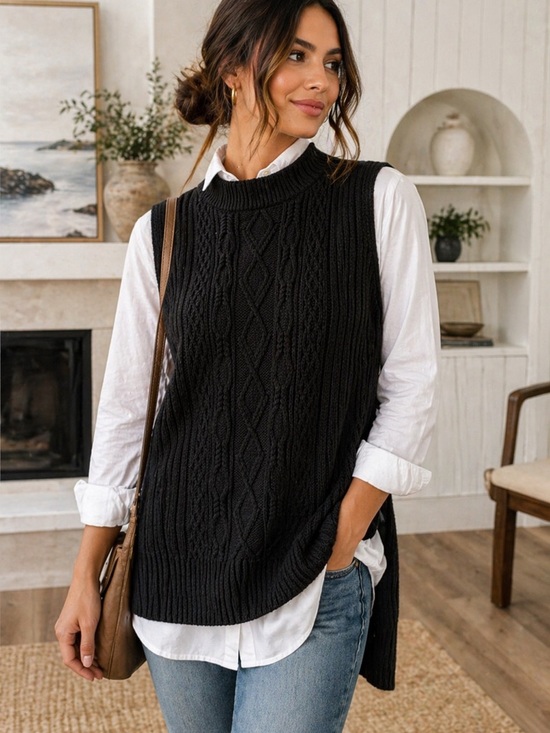 Sweaters - Michael Stars Black Cable Knit Vest L Mock Neck High Low Layered Look 🔥trending